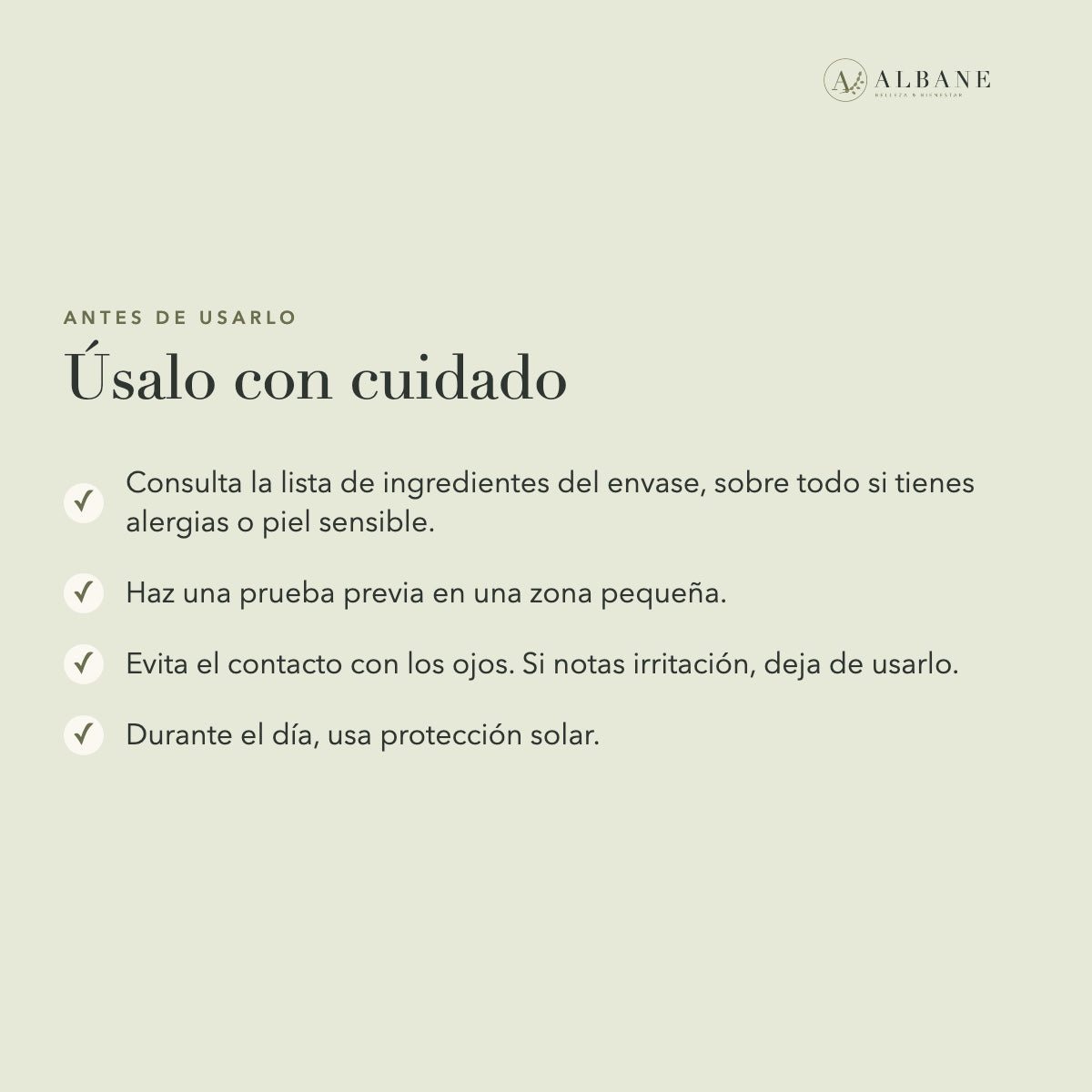 Precauciones antes de usar el jabón: revisar ingredientes, prueba previa y protección solar