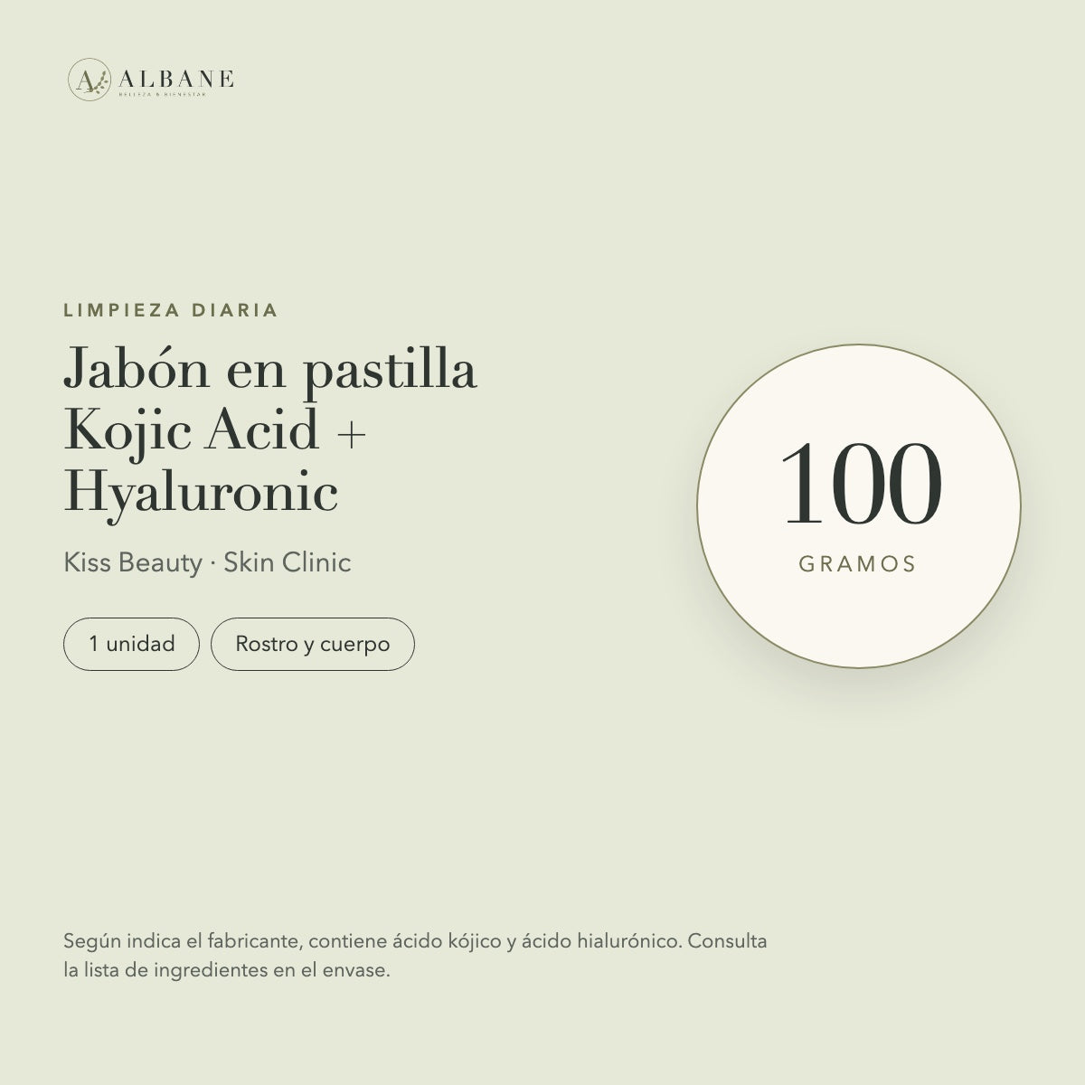 Jabón en pastilla Kojic Acid + Hyaluronic de Kiss Beauty, 100 g, una unidad