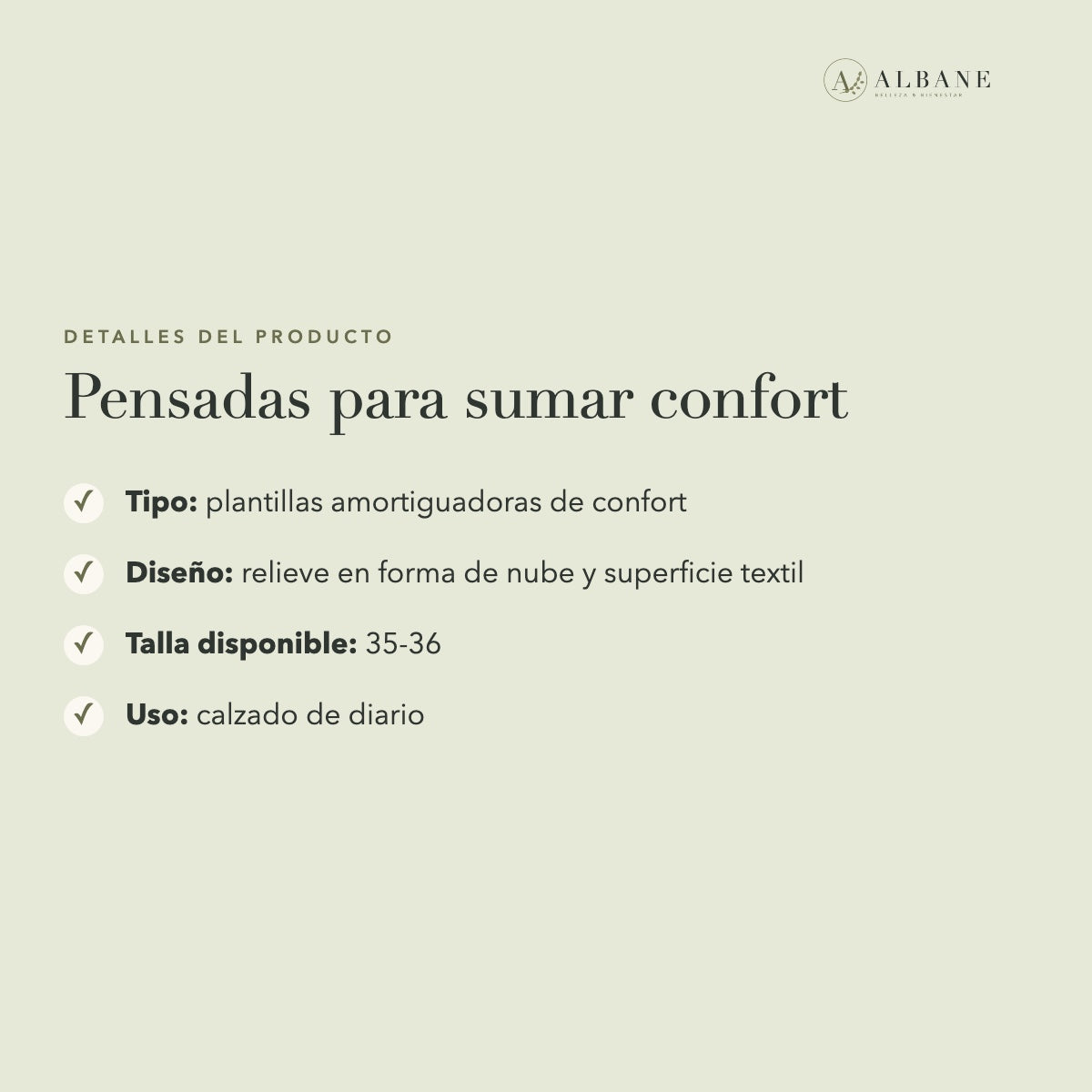 Detalles del producto: plantillas amortiguadoras de confort, talla 35-36, para calzado de diario